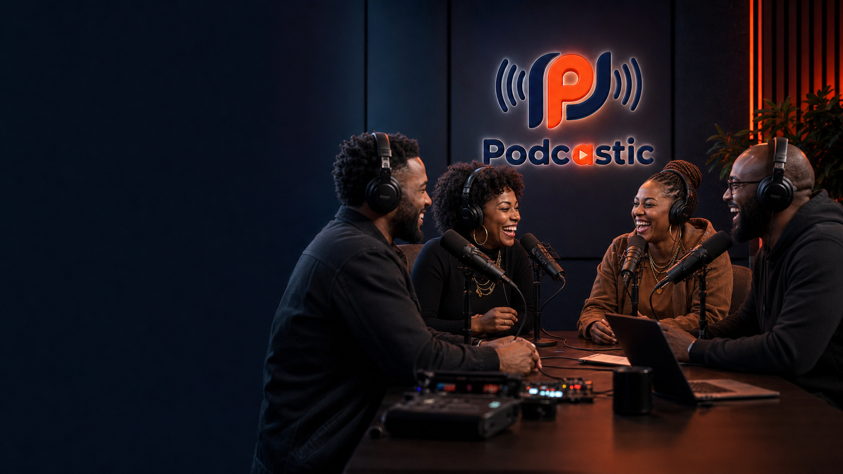 African American Podcastic hosts recording together in the studio